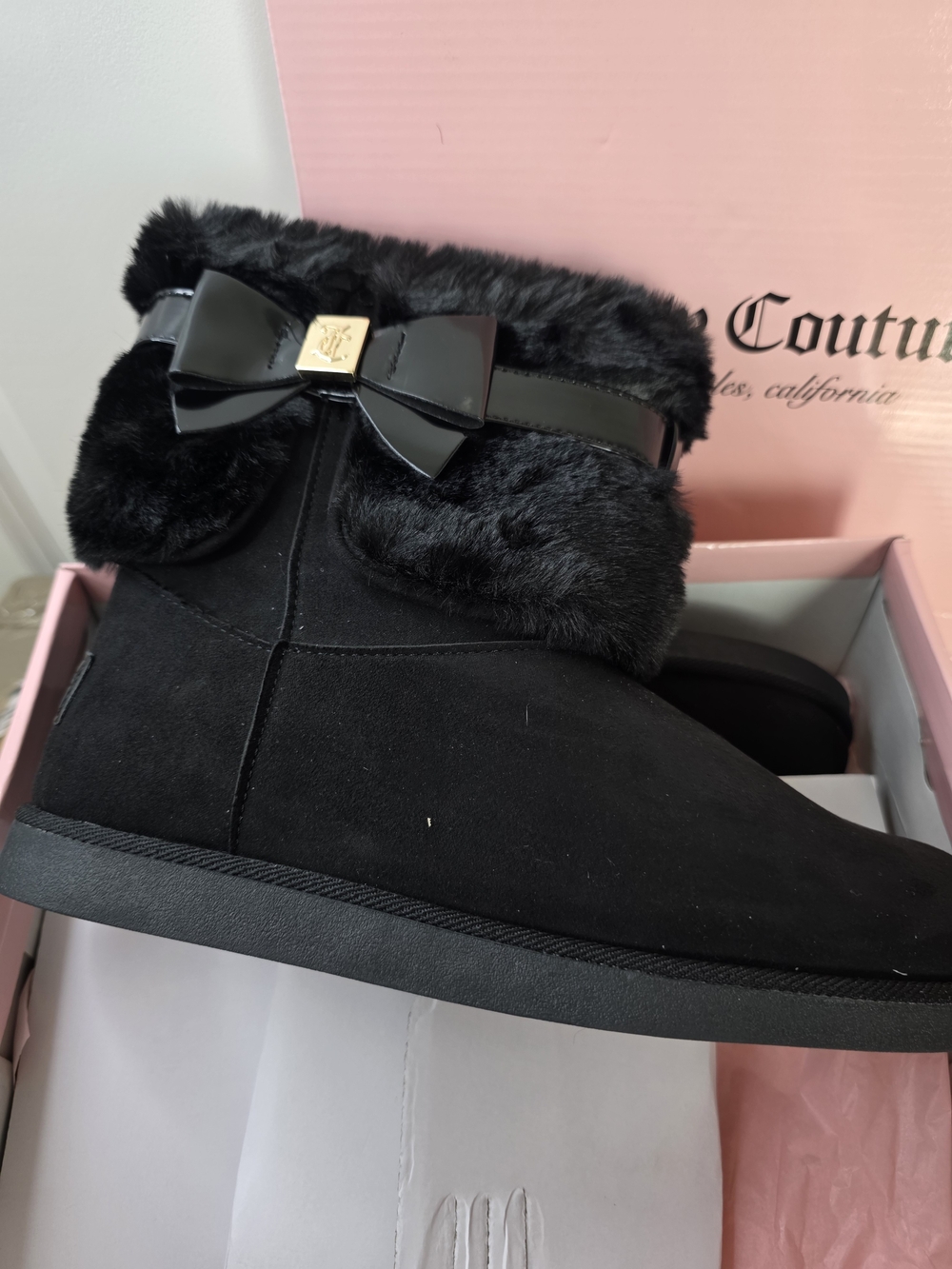 Juicy Couture Women's Black Faux-Fur Bow Ankle Boots
